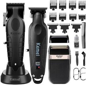 KEMEI Professional Hair Clipper, Hair/Beard Trimmer, Eletric Foil Shaver Set for Men, Cordless Beard Trimmer, Rechargeable Barber Clippers, USB Fade Clipper Haircutting Kit, KM 2296, KM 2024, KM 2293 Black