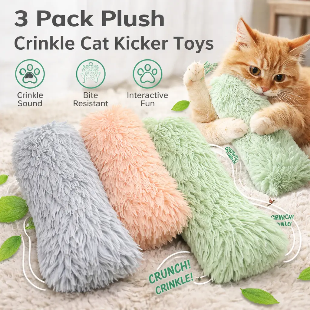 3-Pieces Plush Cat Toy Pillows - Soft Cotton Fill, Durable, Crinkle Sound, Catnip-Infused Interactive Toy for Indoor Cats, Aids Chase & Pounce, Cozy Chew & Snuggle Bonding & Exercise