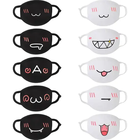 10 Pieces Kawaii Mask Anime Face Mouth Mask Cute Mouth Covering Reusable Washable Mouth Mask, Black and White