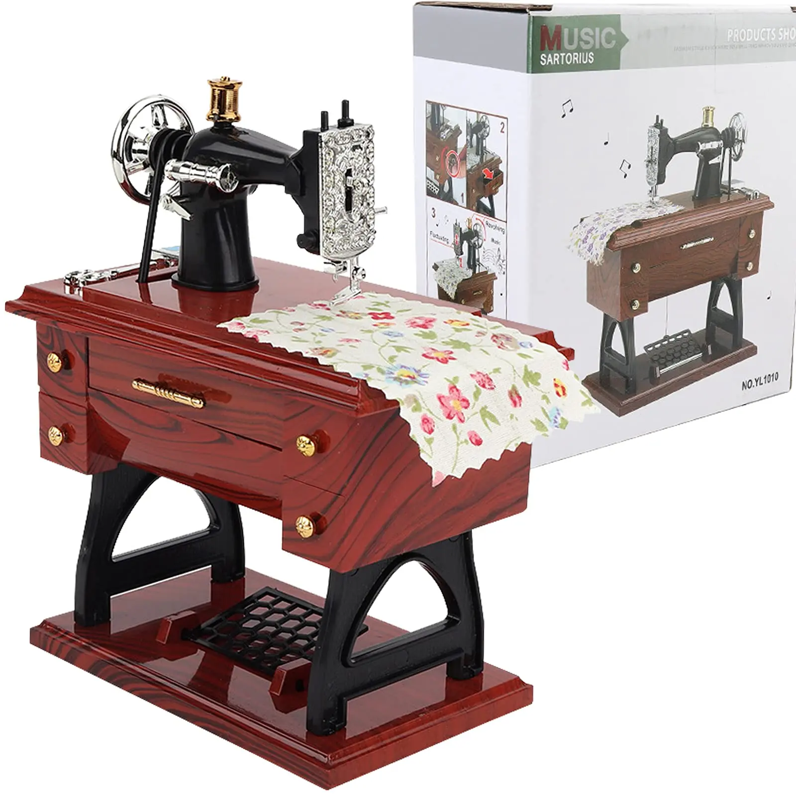 Retro Vintage Mini Sewing Machine-Style Plastic Music Box, Brown Home Flower Design Ornaments, Smooth Castle-Themed Desk Decor Collectibles for Kids, Home Decor Gift, Decoration Items