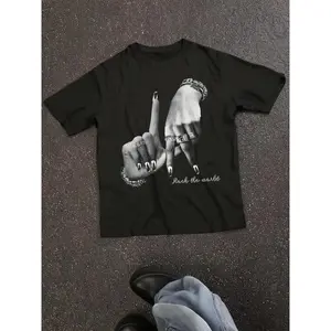 Women's Hand Gesture Print Round Neck Tee, Fashion Casual Crew Neck Short Sleeve T-shirt for Daily Holiday Vacation Outdoor Wear, Ladies Clothes for All Seasons