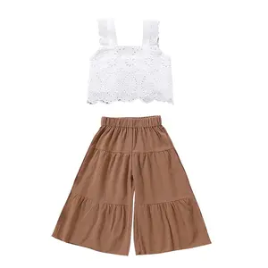 Toddler Baby Little Girl Summer 2Pcs Outfits Lace Sleeveless Vest Top+ Cotton Linen Wide Leg Pants Set 1-5 Years