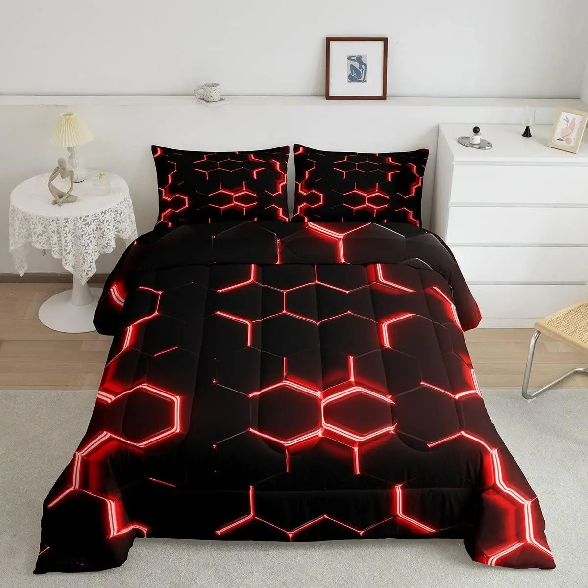 Luxury Soft Flat Weave Red and Black Hexagon Comforter Set - Modern Breathable Microfiber Duvet, Single Bed Sets, Geometric Honeycomb Simplistic Bedding Textile Soft Furnishing