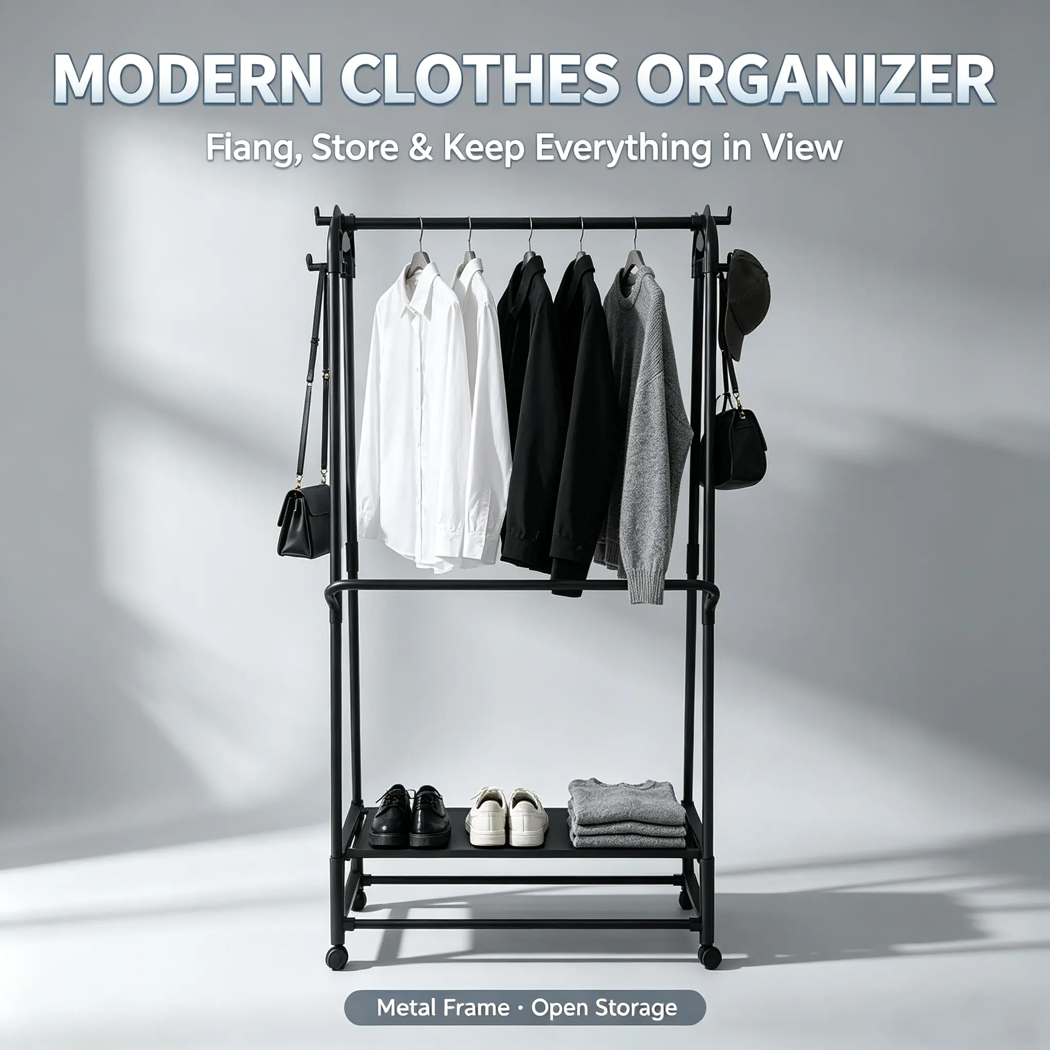 Dual Rod Rolling Garment Rack with Wheels, Freestanding Thickened Plastic Pipe Clothes Rack with Bottom Storage Shelf & Side Hooks, Portable Clothing Organizer for Bedroom Entryway, 2 Colors Available