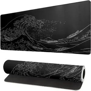 Japanese Sea Wave Mouse Pad, Anime Black Game, Extended Kanagawa Pad Desktop Mat, Desk Accessories, 3mm Thick Long Non-slip Rubber Base Mouse Pad, 31.5 X 11.8 Inches