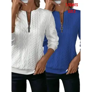 Women's Textured Zipper Half Placket Pullover Sweatshirt Set, Casual Long Sleeve Round Neck Sweatshirt for Fall & Winter