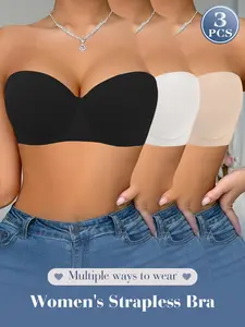 3-Piece Women's solid color strapless seamless Fit bra with underwire for medium support and lift, suitable for party dresses and summer tops.