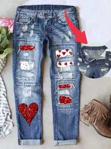 Women's Patch Heart Ripped Mid Waisted Boyfriend Jeans Fitted Distressed Stretchy Waistband Denim Pants