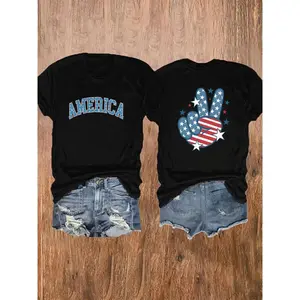 Ladies' Patriotic 'America' Pattern T-shirt - Short sleeved, round neck, casual summer top with American flag design, American flag clothing