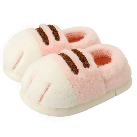 Women's Chic Casual Cat Paw Slide House Slippers - Winter Warm Fluffy Cotton Footwear, Lightweight Non-Slip Rubber Indoor Shoes with 3D Fluffy Plaid Ankle, Flexible Round Toe, Stable Wave Sole, Tile Floor Grip, Ideal Cute Girly Gifts for Cat Lovers