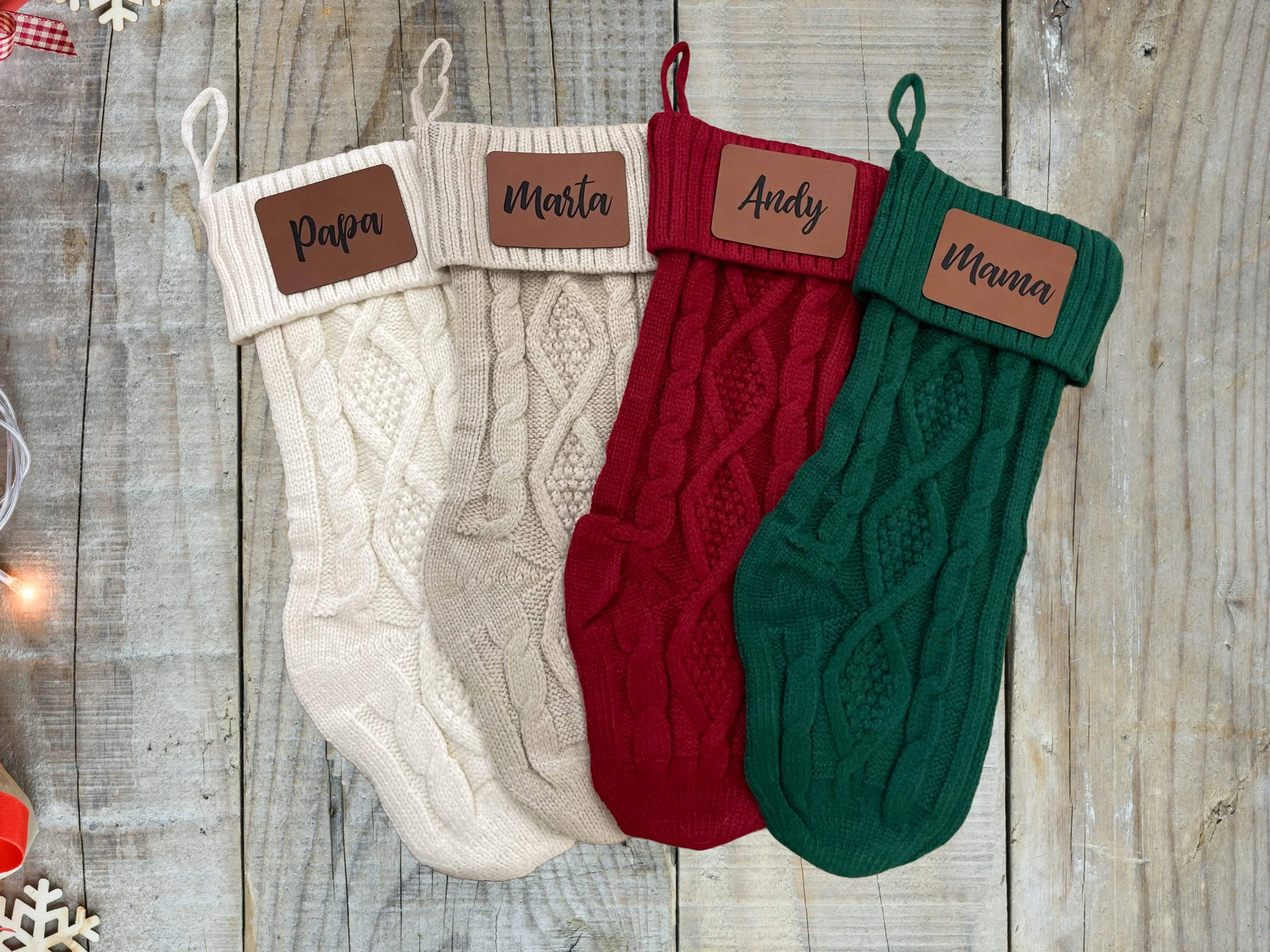 Knitted Christmas Stockings with Personalized Leatherette Name Tags