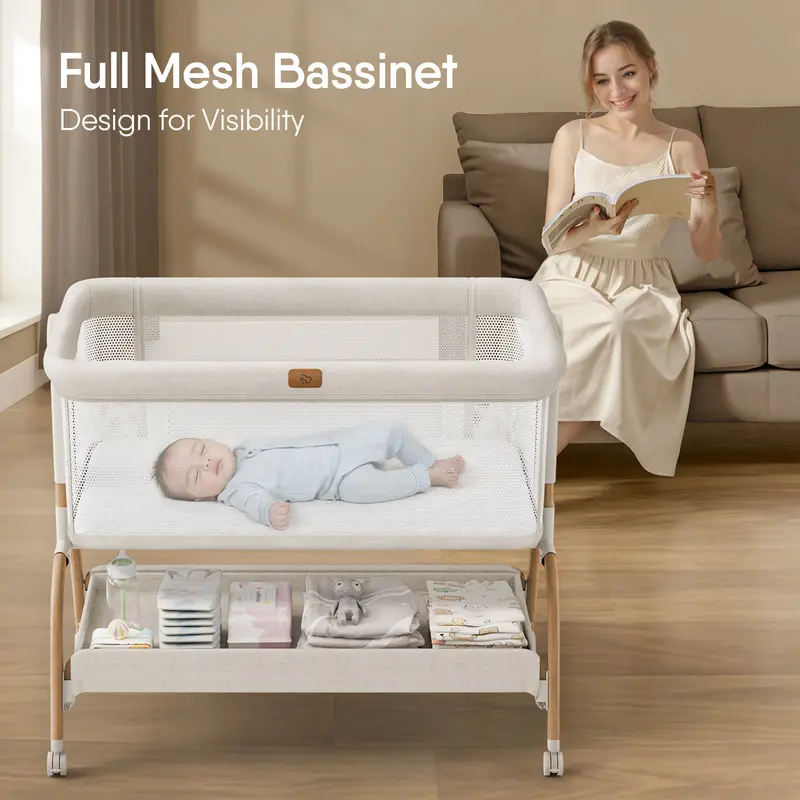 BabyBond 3-in-1 Foldable Portable Bedside Crib - BPA-Free Full-Mesh Bassinet for 0-12 Months Newborns, 6 Adjustable Heights, Anti-Reflux, Ventilated Sides, Wheels, Mattress, Soft Breathable Sheet, Newborn Baby Stuff