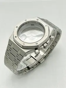 41mm Modified Stainless Steel Silver Men's Chronograph Case and Strap Suitable for Royal Oak Seiko VK63 VK64 Quartz Movement Watches Hands Dial Accessories No Logo