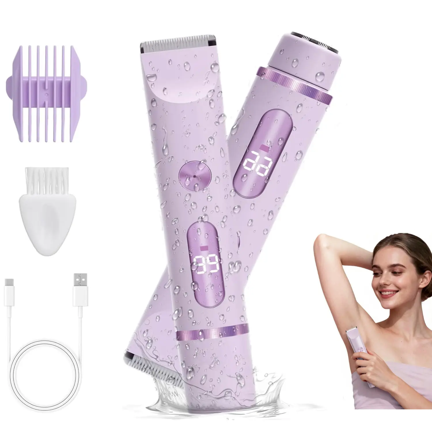 Bikini Trimmer for Women, Electric Bikini Trimmer & Body Shaver, 2-in-1 Electric Body and Facial Epilator, Dual Heads for Painless Trimming of Pubic Hair, Face, Underarms and Legs, Portable Multifunctional Hair Trimmer, Summer Gift