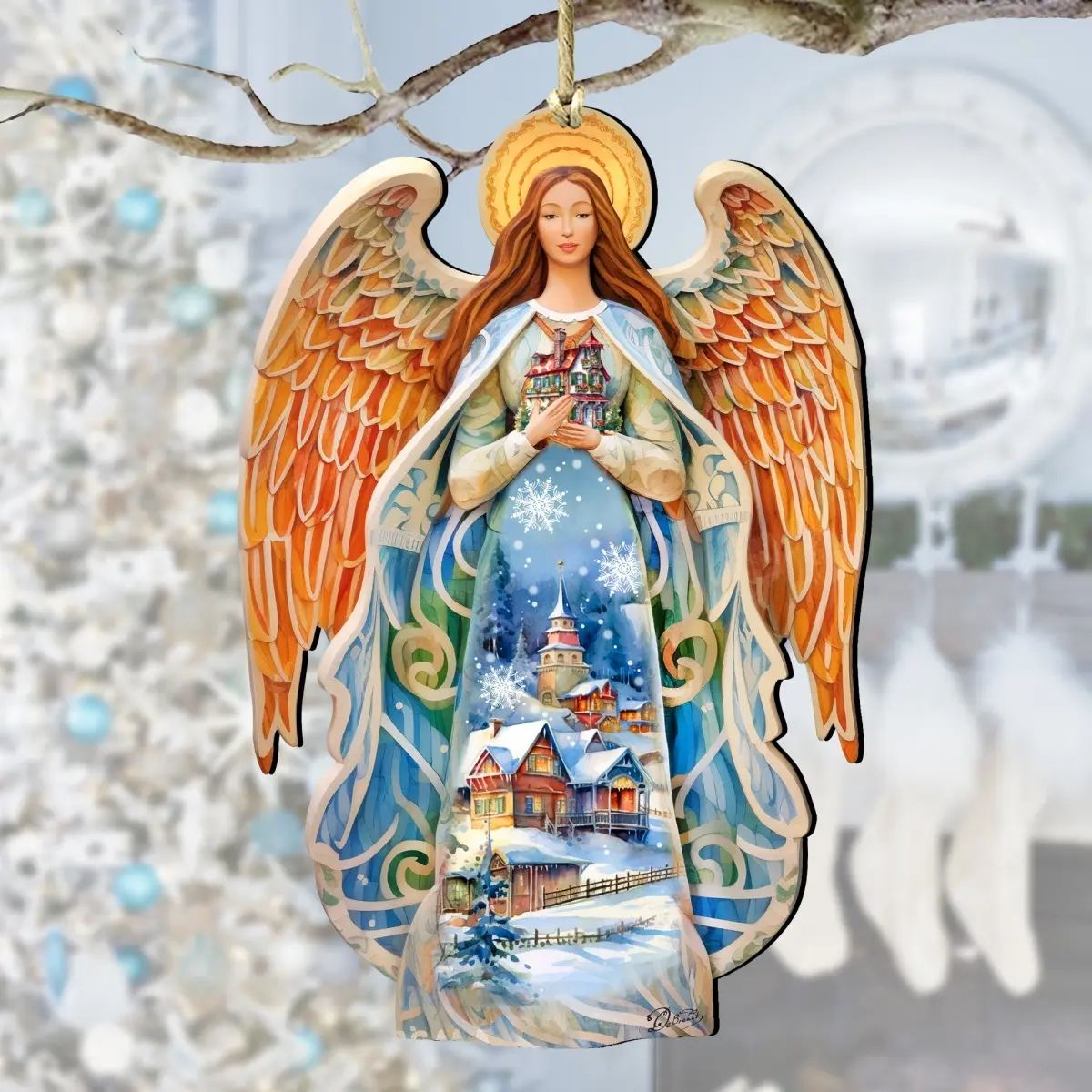 Designocracy 8611021 Artistic Handmade Square Sturdy UV-Coated Weather-Resistant Wooden Nativity Angel Ornament, 5x5.5x0.25 in, Christmas Home Blessing Decor, Festive Collectible Gift with Gift Bag