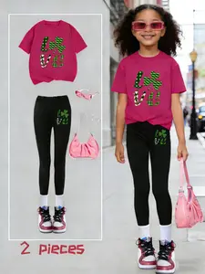 Girls' Leaf Print 2-Piece Set, Summer Clothing Set, Casual Sporty Short Sleeve Top & Bottoms, Comfortable Elastic Waist Pants, Spring Summer