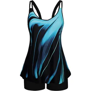 Women's halter swimsuit, two-piece swimsuit with tummy control, flowy swimsuit top paired with shorts