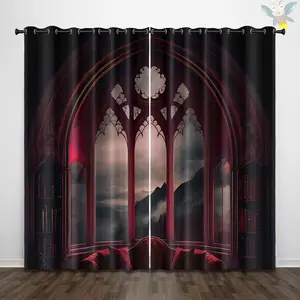 Gothic Castle Pattern Curtain, 2 Counts/set Romantic Window View Pattern Curtain, Shading & Insulation Thermal Insulated Curtain for Home Living Room Bedroom Decor