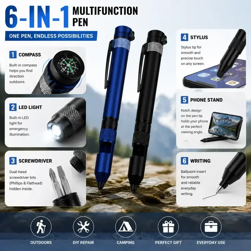 6-in-1 Portable Tactical Pen: LED Light, Compass, Phillips Screwdriver, Stylus, Phone Stand, Ballpoint Pen. Durable EDC Tool for Camping, Hiking, Office & Home Use, Great Outdoor Gift (Blue-Black)