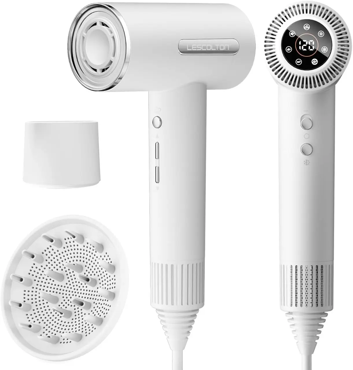 Hair Dryer, Lightweight Ionic Blow Dryer 110,000 RPM Brushless Motor 1400W Powerful High Speed, Diffuser & LED Display, 3 Air Speeds for Fast Drying, Low Noise for Home Travel (White)