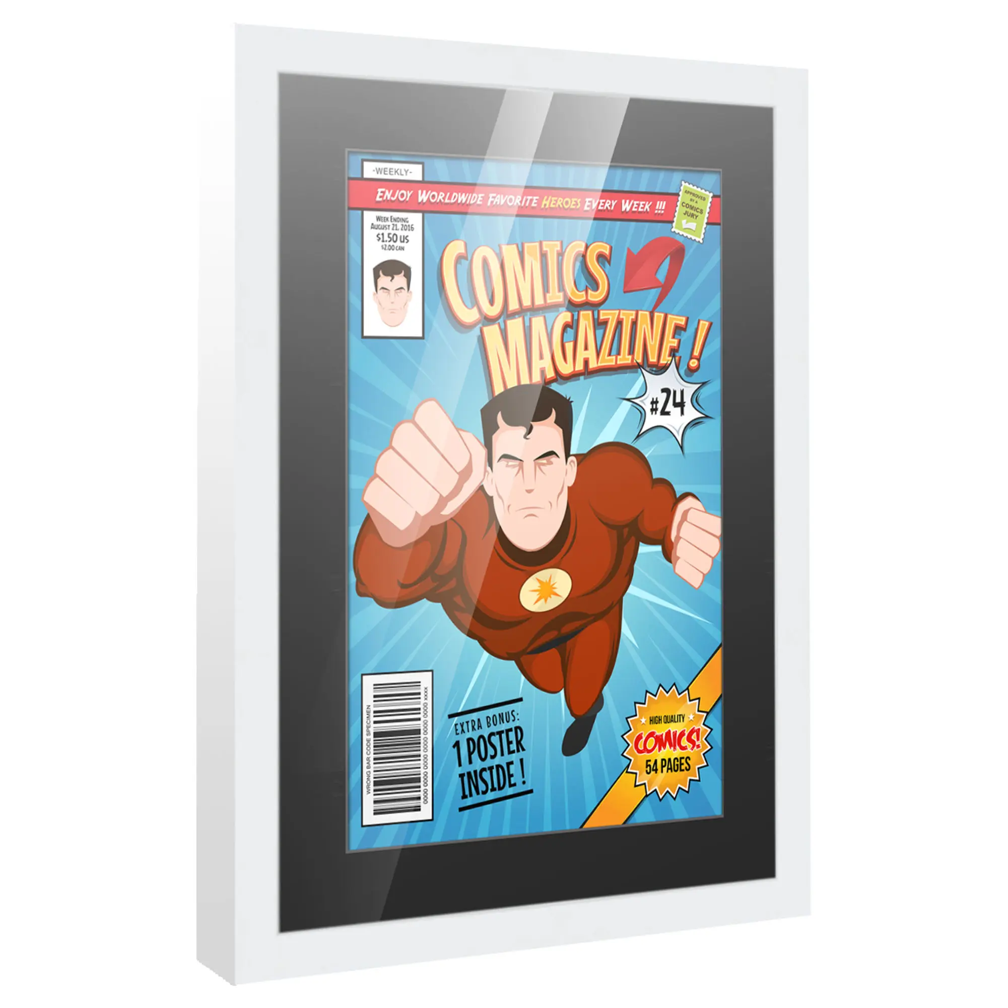 Comic Book Frame with Mat for 1 Current Era Comic Published After 1985 - White Wood Comic Frame With Black Mat for 6.875x10.5 Comic - 10x14 Frame Size