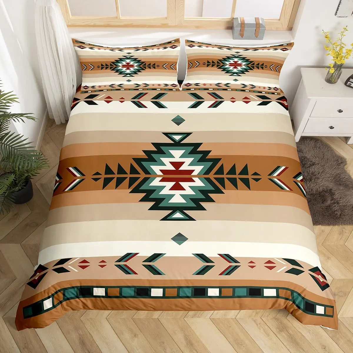 Southwest Native Twin Queen Design Duvet Cover,Southwestern Geometric Ultra Soft Tribal Quilt Cover,Beige Bedspread Cover,No Comforter