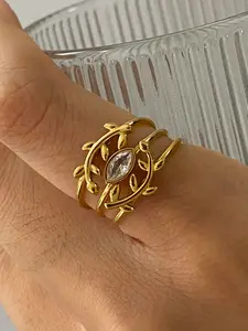 Elegant and Retro Style, 18k Gold, Stainless Steel, White Diamond, Horse Eye, Water Diamond, Leaf Eye, Stacked Ring, Fashionable Gathering, Women's Daily Wear Jewelry, Elegant Glittering Ring