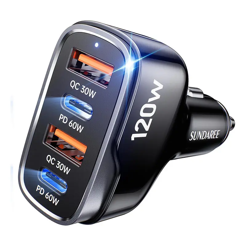 SUNDAREE 120W USB-C Fast Car Charger, 4-Port PD60W/QC30W Adapter, 12-24V Cigarette Lighter Adapter for iPhone, MacBook, Samsung & Android Devices