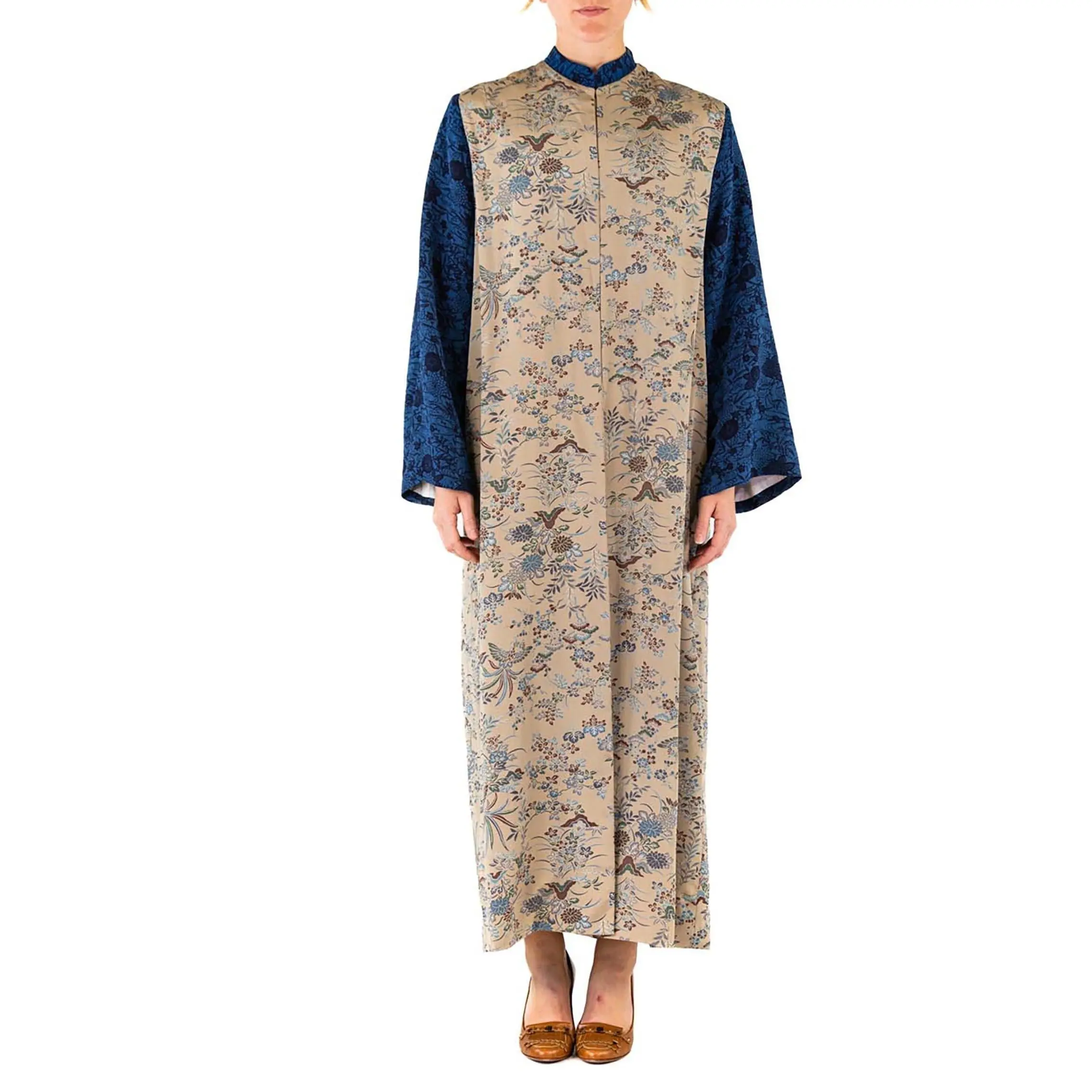 MORPHEW COLLECTION Ecru Japanese Kimono Silk Royal Blue Sleeves Duster