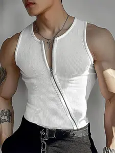 Men's Slim Fit Striped Tank Top, Diagonal Full Zipper, Solid Color Sleeveless Shirt, Fashionable Aesthetic Casual Wear, Comfortable and Stylish