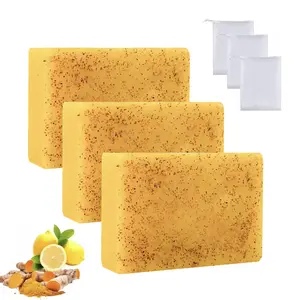 3 pcs Lemon Turmeric  Kojic Acid Soap - Gentle Dark Spot Remover for Face Acne Cleanser Cream Cleansi,Lemon Turmeric Glowing Skin Care Soap, Deep Clean, with Soap Saver Bags Soap Body CareBody Wash Lemon Flawless Organic honey Body Care