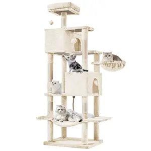 Cat Tree Tower for Large Indoor Cats, Deluxe Cat Condo with 2 Houses, 5 Sisal Scratching Posts, Large Hammock & Hanging Basket, Heavy Duty Sturdy Base