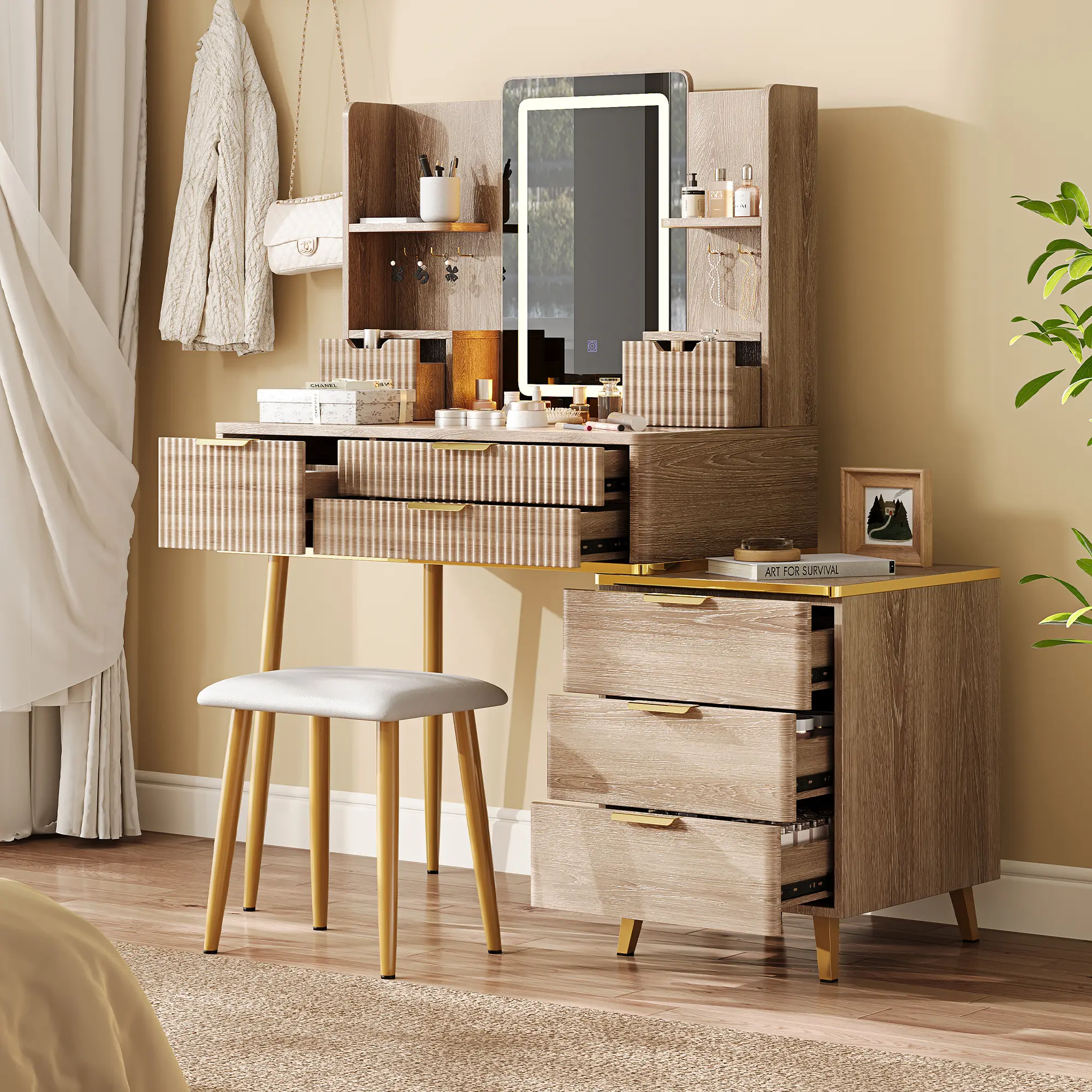7-Drawer Vanity Desk with LED Mirror, Makeup Dressing Table with Jewelry Organizer Storage, Elegant Carved Fluted Design & Sturdy Metal Legs, Includes Comfortable PU Stool for Bedroom