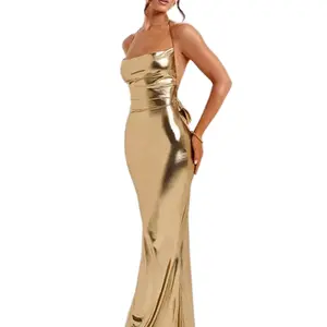 Women's Classy Gold Metallic Dress for Party or Event - Elegant Halter Neck Design