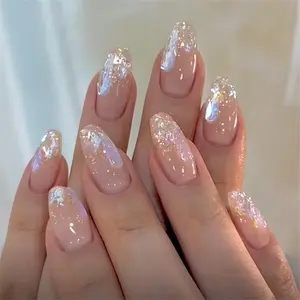 Glossy Sweet Fish Scal Sequins Fake Nails With Jelly Glue & Rubbing Strip, 24pcs Artificial Full Covers Nail Art Kit, Manicure, Translucent Glitter, Glittering Fake Nails
