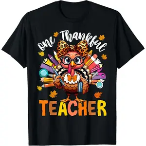 100% Cotton One Thankful Teacher Thanksgiving Turkey Cute Crayon Pencil T-Shirt