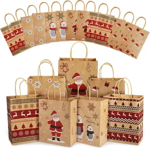 24 PCS Reusable Christmas Treat Bags with Handles & Prints, 7.08x3.5x8.85 Inch, Perfect for Gifts and Parties