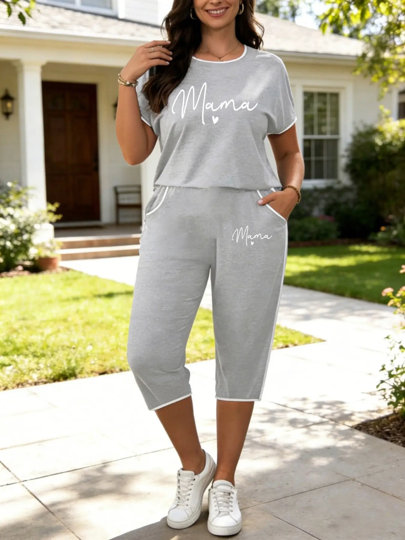Women's Casual Two-Piece Set, Mama Print Elastic Short Sleeve T-Shirt and Seven-Quarter Pants, Summer Fashion for Plus Size