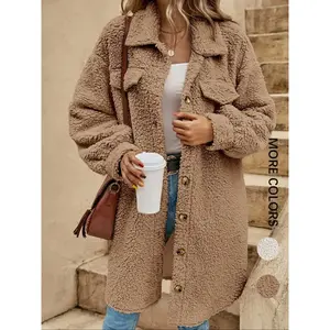 Women's Winter Plush Coat, Button Front Collar Design, Loose Fit Long Jacket, Warm & Cozy Outerwear for Women