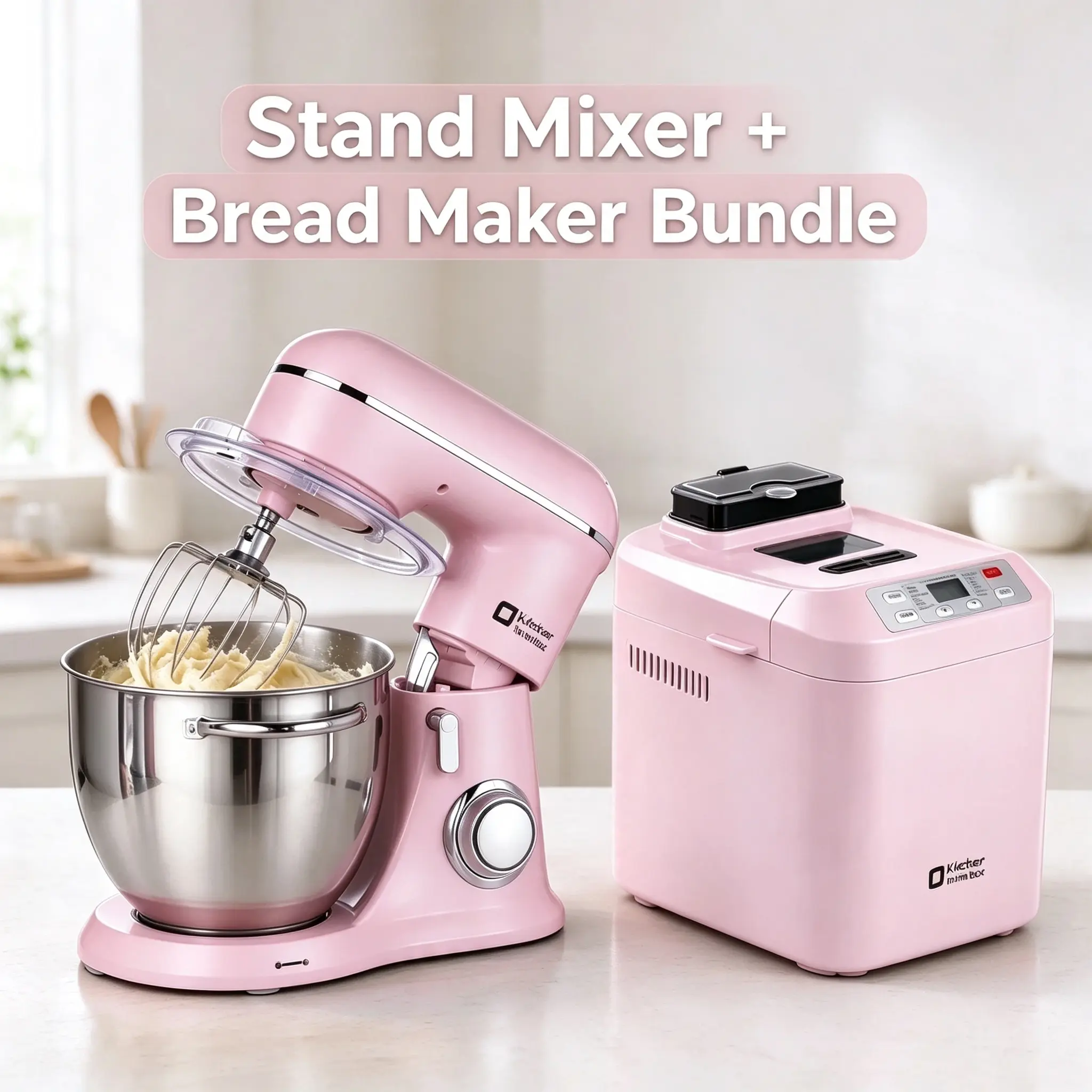 Pink Baking Duo Bundle, Automatic Bread Maker Machine and Pink Stand Mixer, Home Baking Kitchen Appliance Set