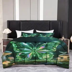 3pcs Printed quilt three-piece set (1 quiltr+2 pillowcases) - Emerald Crystal Butterfly Fantasy Bedding Set, Glowing Gemstone Luminous Print, Soft Cozy Aesthetic Bedroom Decor, All Season Quilt Set