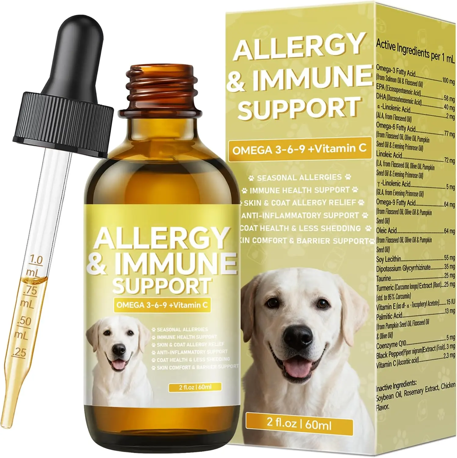 Dog Allergy & Immune Support Drops,Omega 3-6-9 Vitamin C Supplement, Soothes Seasonal Itchy Skin, Reduces Shedding, Boosts Pet Immunity（2oz）