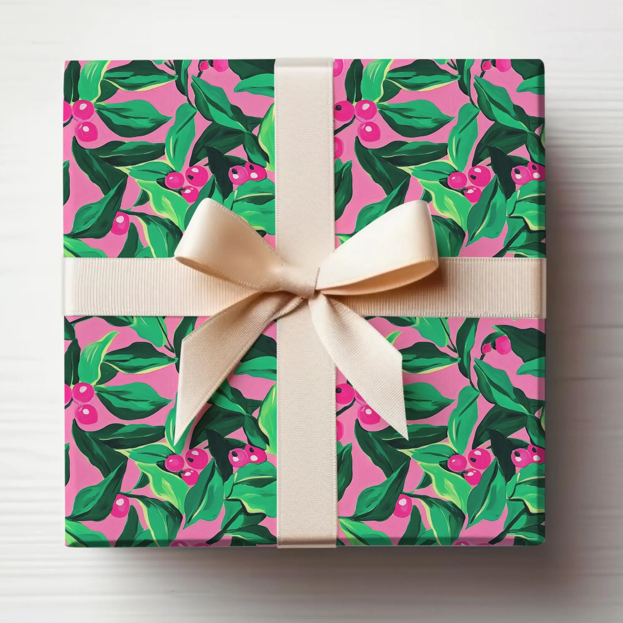 Preppy Pink Holly Wrapping Paper Preppy Christmas Gift Wrap Roll Gift Wrapping Paper Preppy Pink Christmas Wrapping Paper