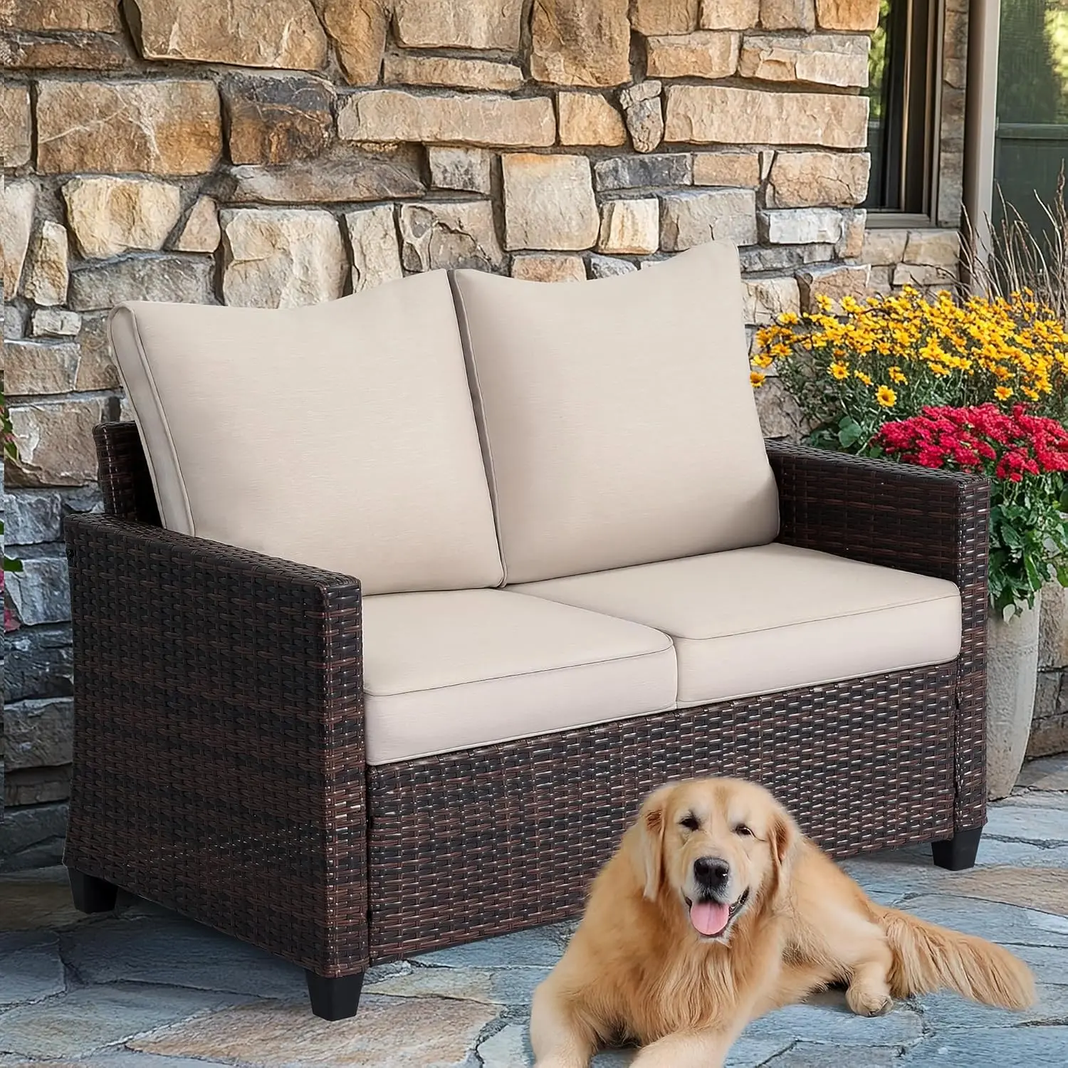 2-Seater Sturdy Waterproof Outdoor Rattan Patio Couch - Deep Seat Loveseat, Rustproof Steel Frame, Easy-Clean Quick-Dry Washable Covers, Modern Design, Quick Assembly for Balcony, 24/7 Backyard Hosting (Beige), Casual, Cotton