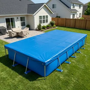 S2879595430 118.1in×196.8in Blue rectangular pool cover mat, waterproof heavy-duty PVC durable outdoor cover for ground pools, inflatable pools, patio furniture and vehicles, UV-protective and dustproof cover mat for backyard outdoor use.