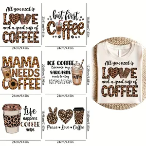 6 Piece Coffee Life Heart Iron-On Heat Transfer Stickers, DIY Decor for T-Shirts Jackets Jeans, Easy to Apply Durable Designs by Chnvick