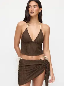 Texture Halter Neckline Lettuce Trim Knotted Tankini Tie Side Bikini Set With Sarong