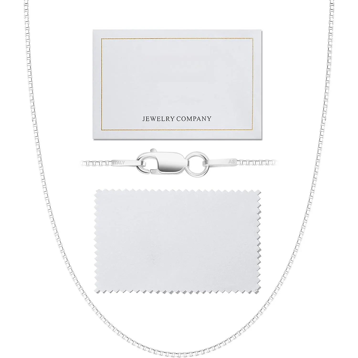 Women's 925 Sterling Silver Box Necklace - 0.8mm & 1mm Italian Chains, 16in-30in (15 Lengths), Thin & Strong, with Silver Polishing Cloth, 10Mm Diameter