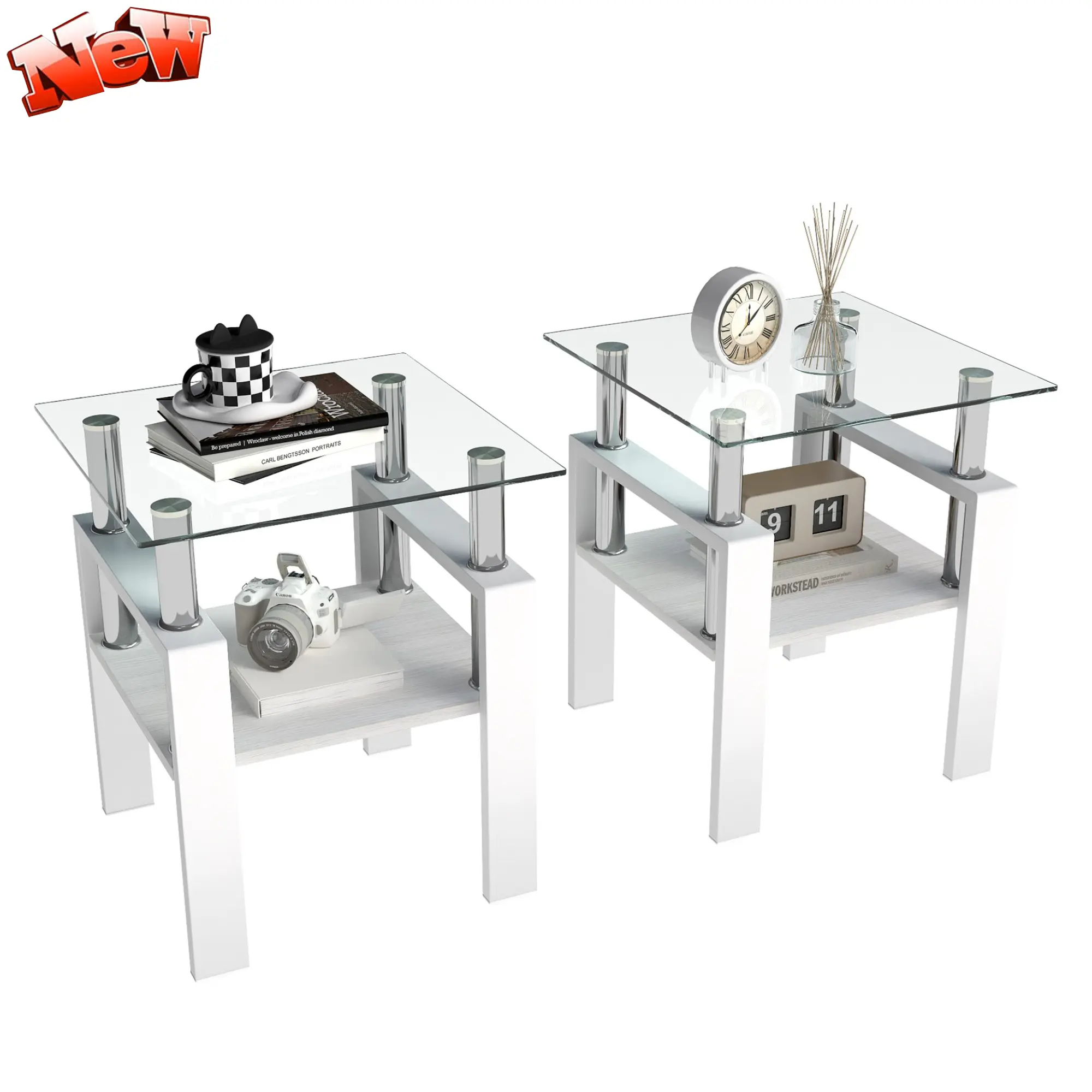 Glass End Tables Living Room Set of 2, Small Glass Table, White Side Table with Tempered Glass Top, Metal Frame, for Living Room Bedroom (White, 2Pcs End Tables)