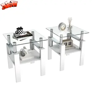 Glass End Tables Living Room Set of 2, Small Glass Table, White Side Table with Tempered Glass Top, Metal Frame, for Living Room Bedroom (White, 2Pcs End Tables)